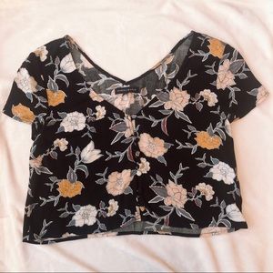 Floral Vneck Button Cropped Blouse